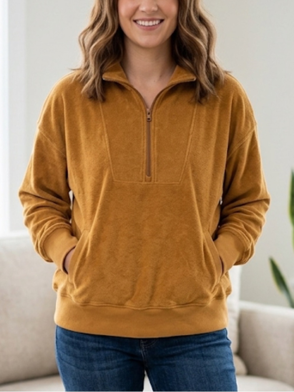 Offline by Aerie terry cloth Quarter-Zip Pullover in Chestnut Brown size L